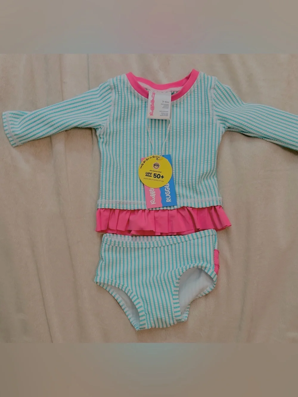 NWT RuffleButts Baby Girls Seersucker Long Sleeve Rash Guard Bikini, 3-6M